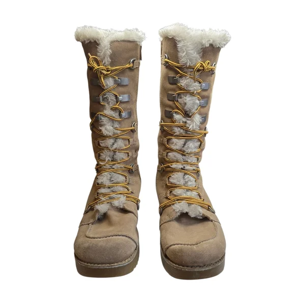 Report Icon Leather Tan Faux Fur Chunky Platform Lace Up Boots 7.5 - Picture 2 of 10